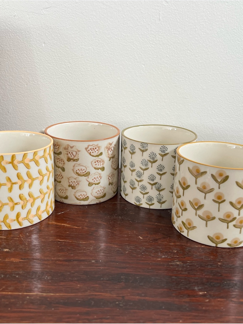 Sarah Golden PATTERNS hand stamped stoneware mugs set of 4 floral wide unique